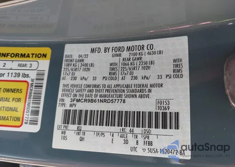 2022 Ford Bronco Sport Big Bend z USA, uszkodzony, nr VIN 3FMCR9B61NRD57778